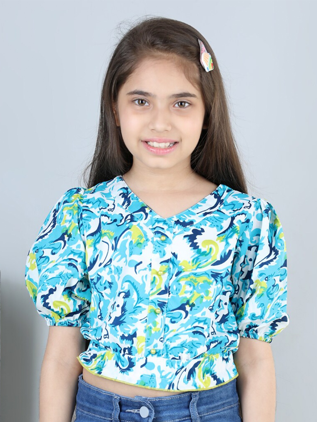 

Cutiekins Girls Abstract Printed Puffed Sleeves Crop Top, Blue