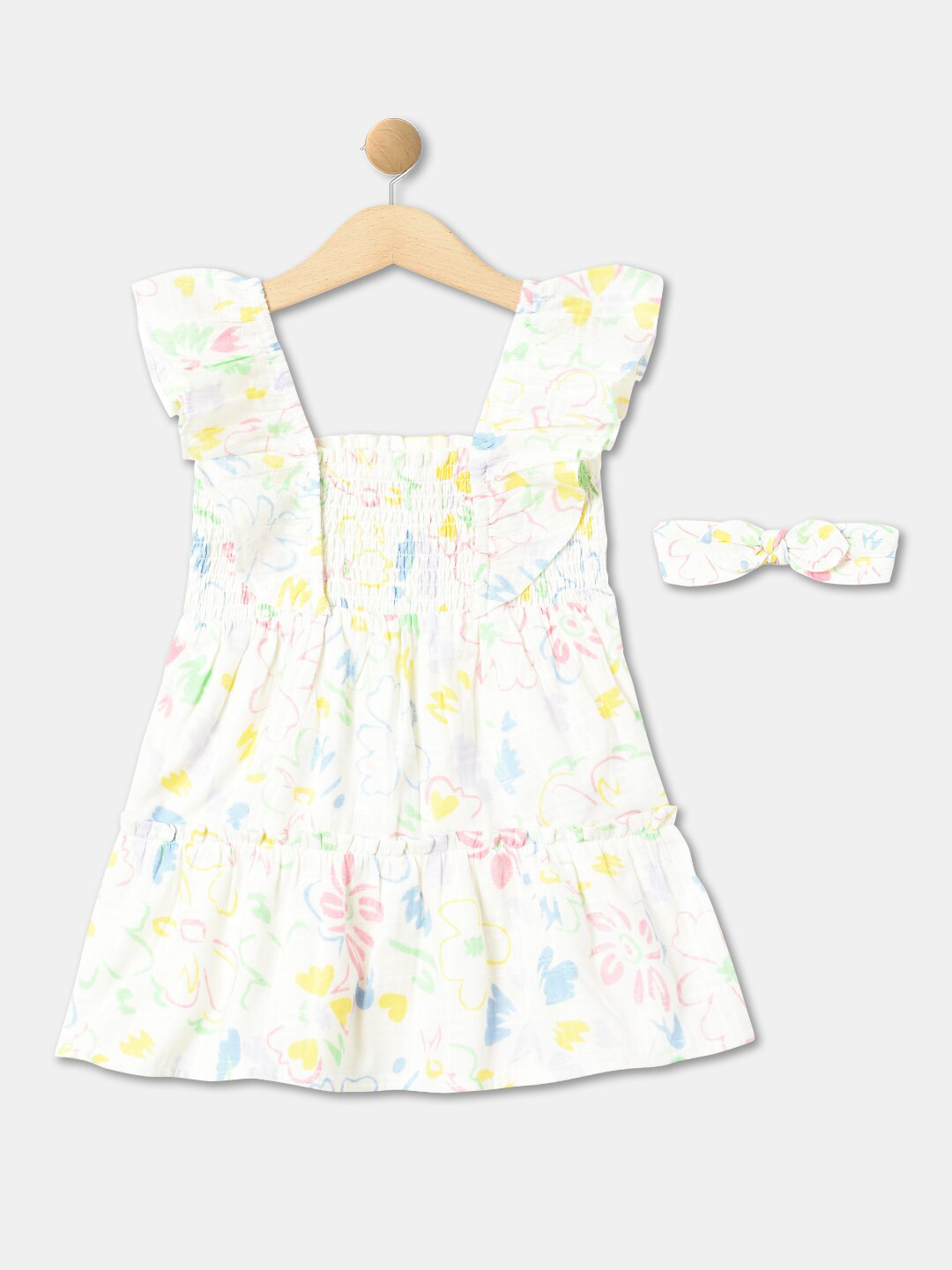 

R&B Infant Girls Square Neck Floral Printed Smocked Cotton A-Line Dress Hair Belt, White