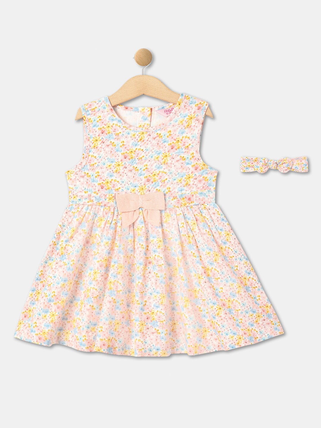 

R&B Infant Girls Floral Printed Cotton Fit & Flare Dress With Hair Belt, Pink