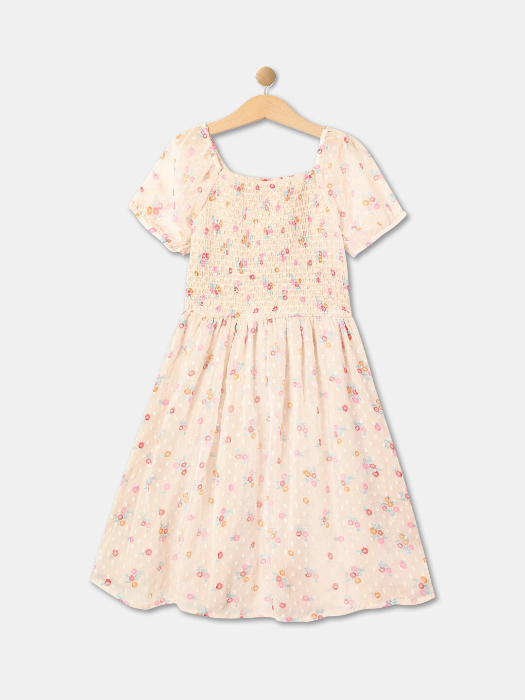 

R&B Girls Floral Printed Smocked Fit & Flare Dress, Cream