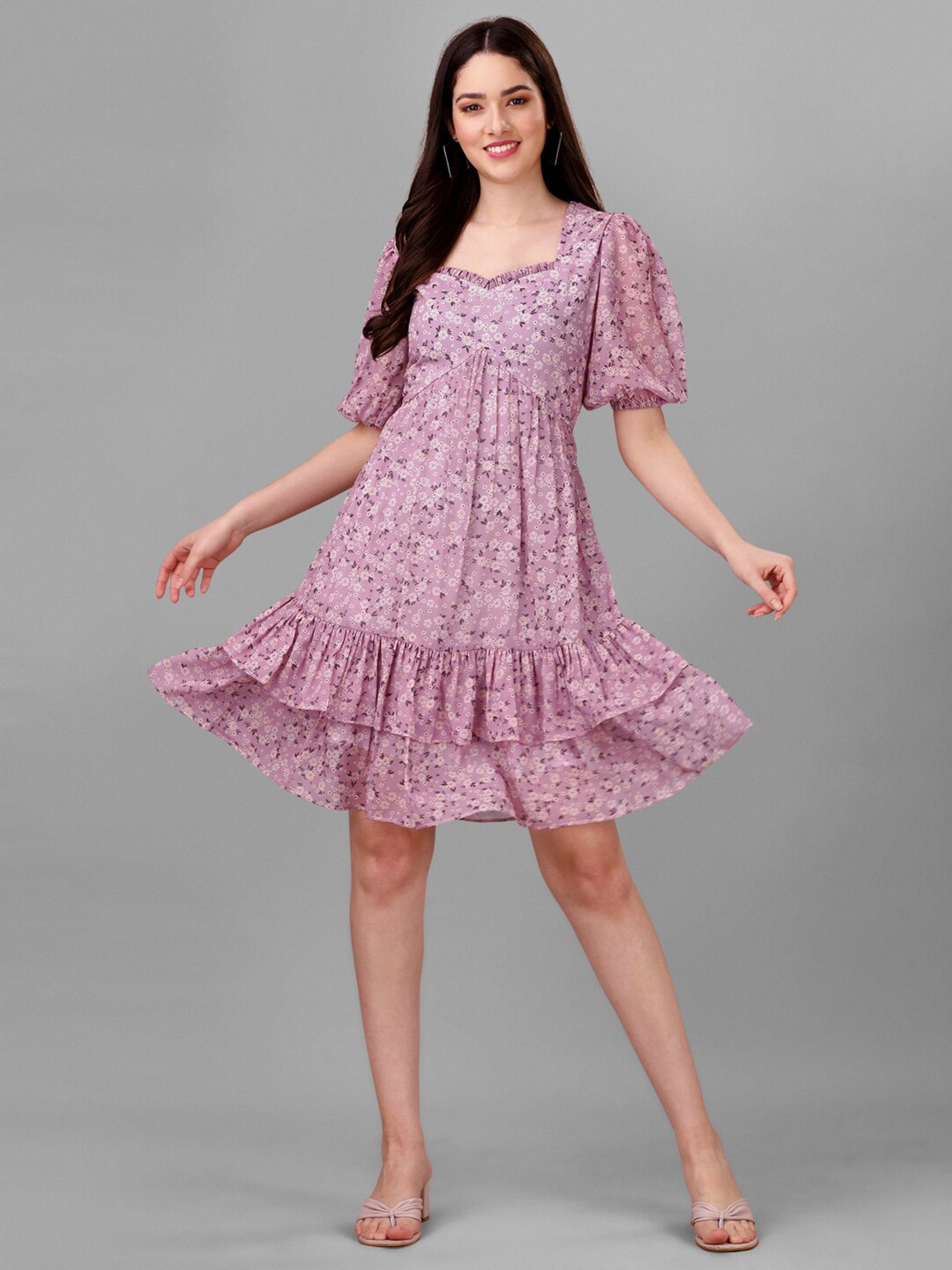 

Masakali.Co Floral Printed Layered Georgette Drop-Waist Dress, Lavender