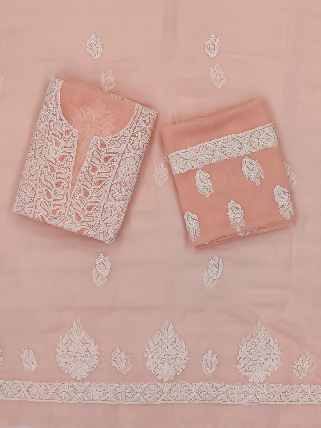 

PARAMOUNT CHIKAN Chikankari Embroidered Unstitched Dress Material, Peach
