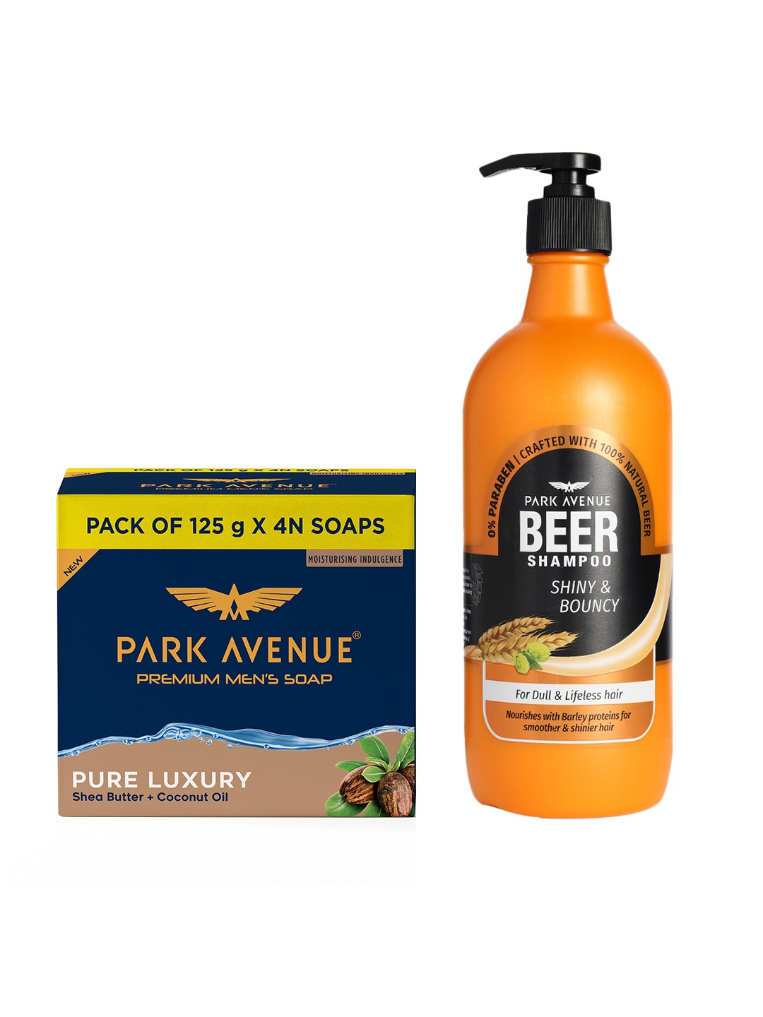 

Park Avenue Men Set Of 4 Pure Luxury Premium Soap 125g Each with Beer Shampoo 650ml, Orange