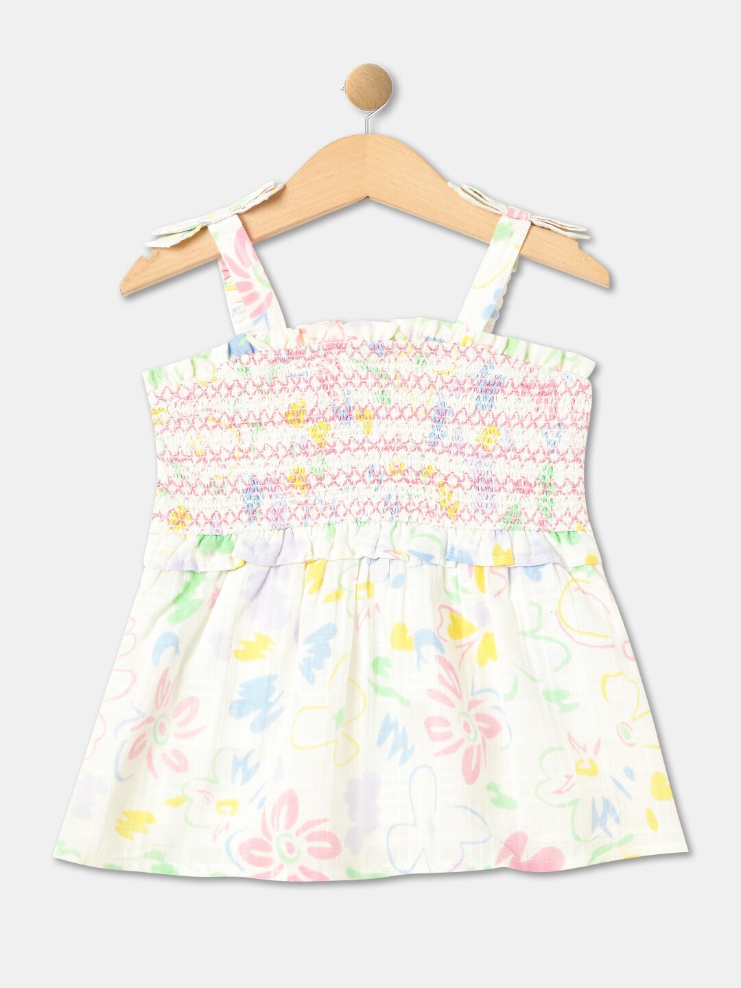 

R&B Infant Girls Floral Printed Shoulder Straps Smocked Cotton Top, White