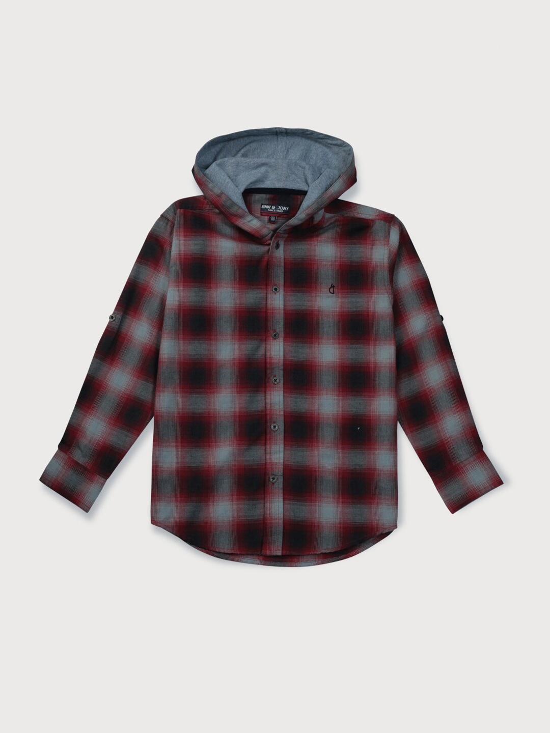 

Gini and Jony Boys Tartan Checked Hood Neck Cotton Casual Shirt, Red