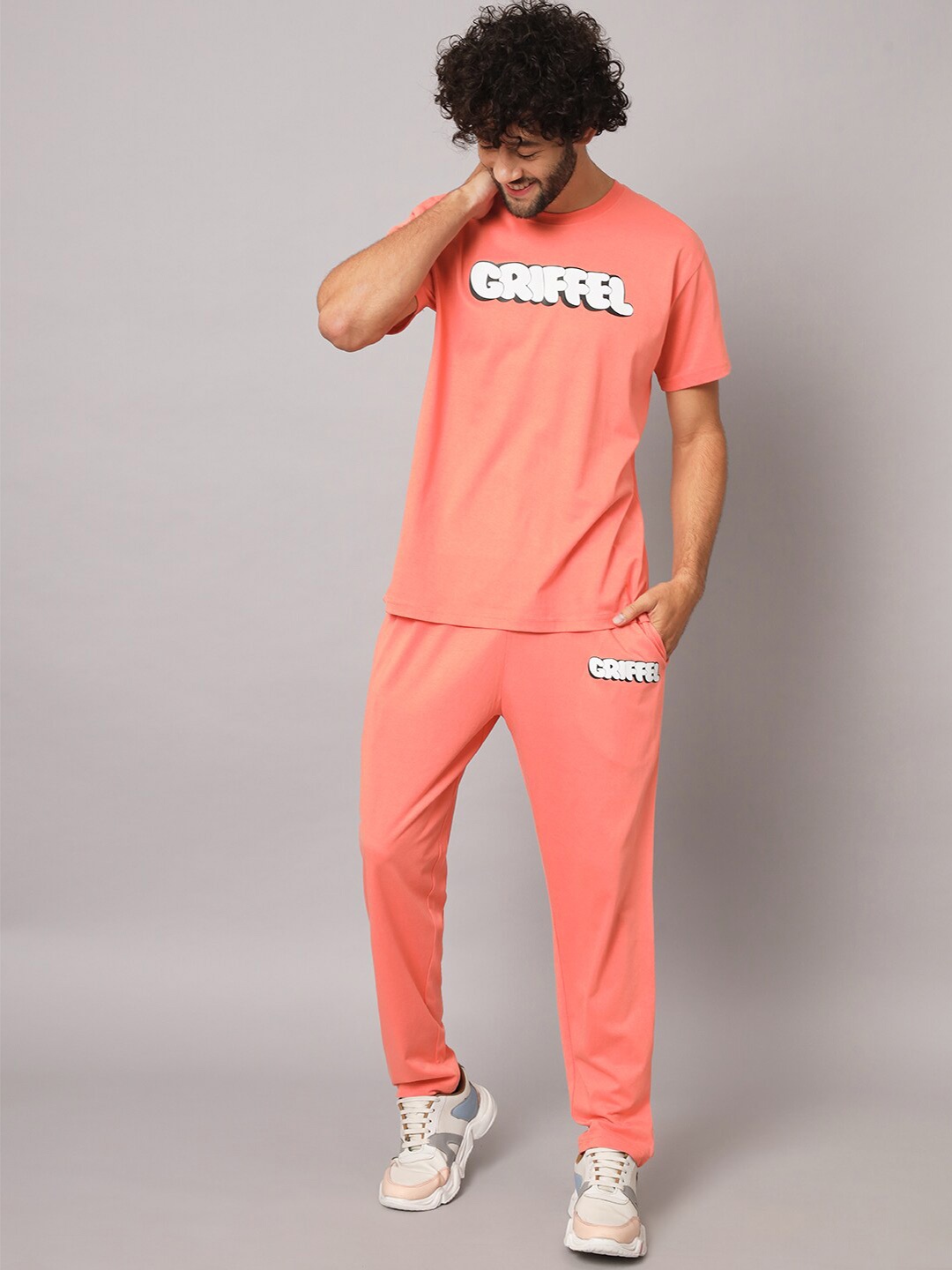 

GRIFFEL Men Printed Pure Cotton T-shirt With Track Pants, Peach