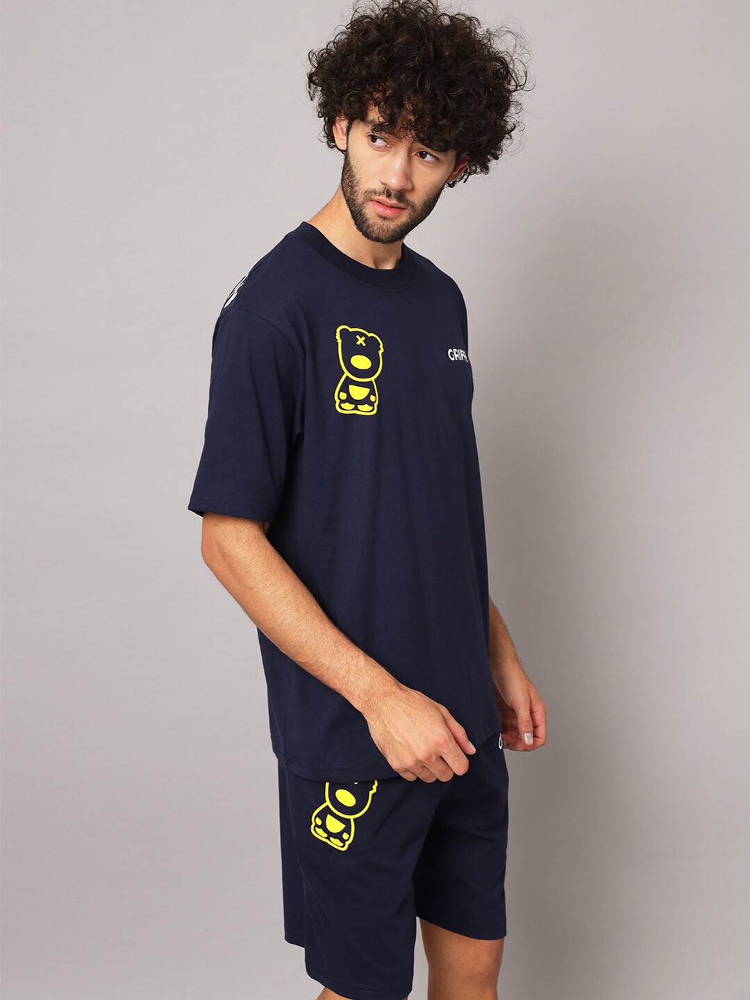 

GRIFFEL Printed Pure Cotton Round Neck T-shirt With Shorts Co-Ords, Navy blue