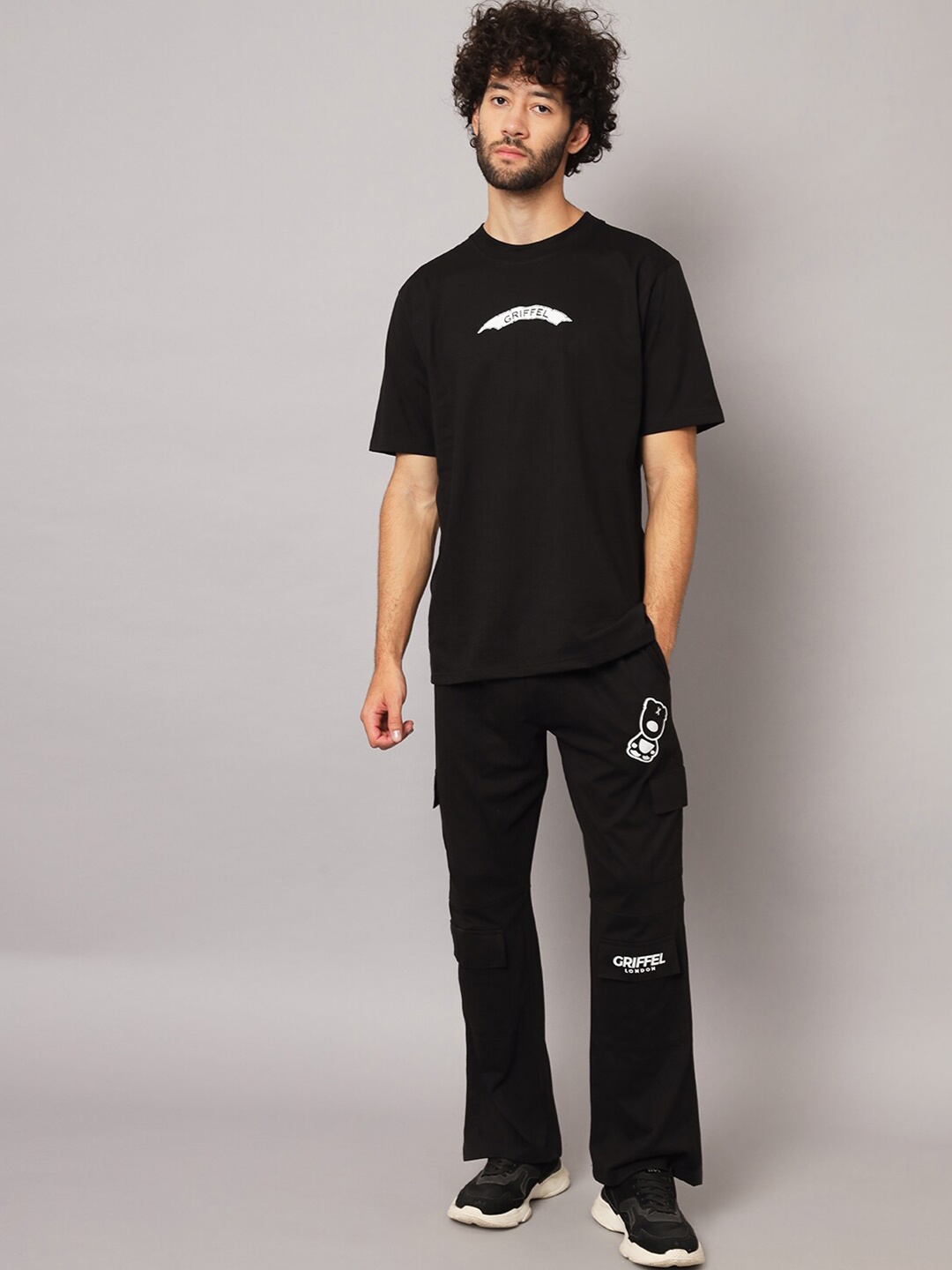 

GRIFFEL Men Printed T-shirt With Trousers Cotton Tracksuits, Black