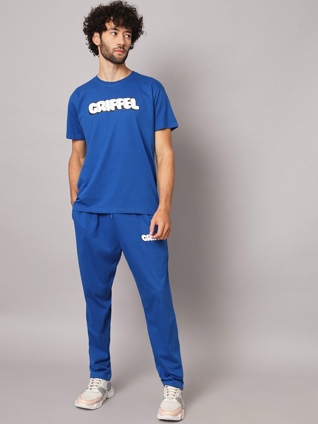 

GRIFFEL Men Printed Pure Cotton T-shirt With Track Pants, Blue