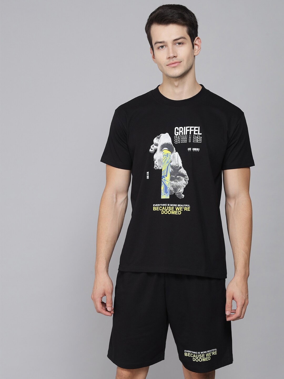 GRIFFEL Printed Pure Cotton Round Neck T-shirt With Shorts Co-Ords, Black
