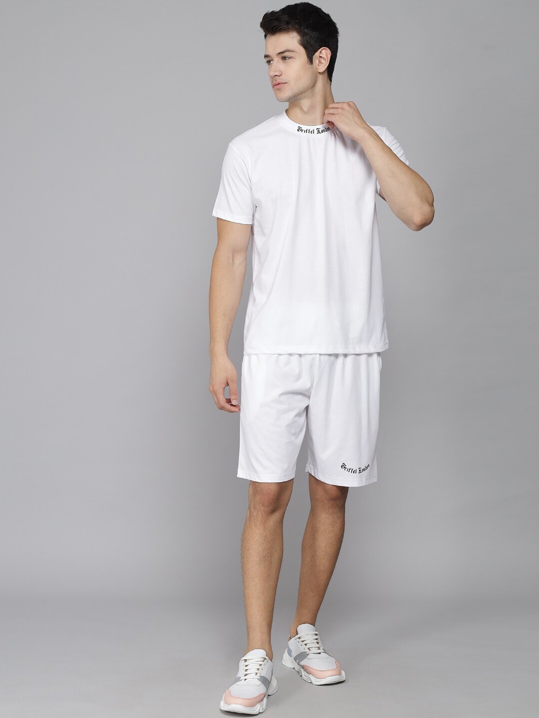 

GRIFFEL Men Pure Cotton Round Neck T-shirt With Shorts Co-Ords, White