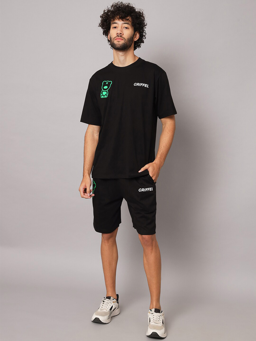 

GRIFFEL Men Printed T-shirt With Shorts Pure Cotton Co-Ords, Black