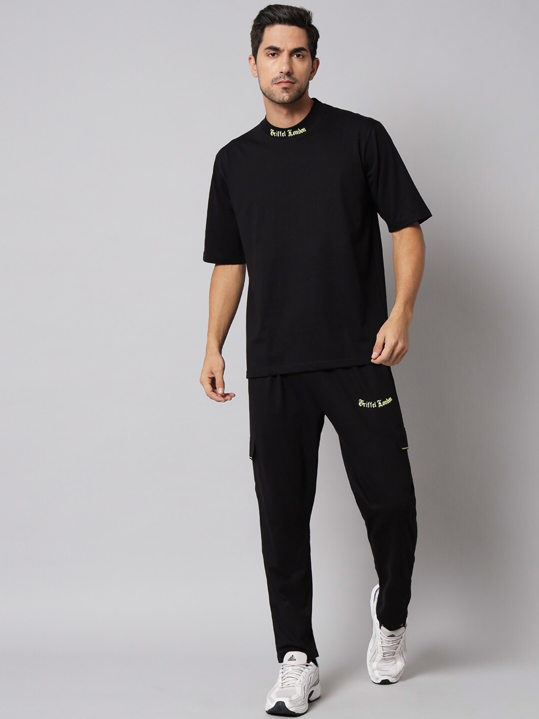 

GRIFFEL Men Pure Cotton T-shirt With Track Pants, Black