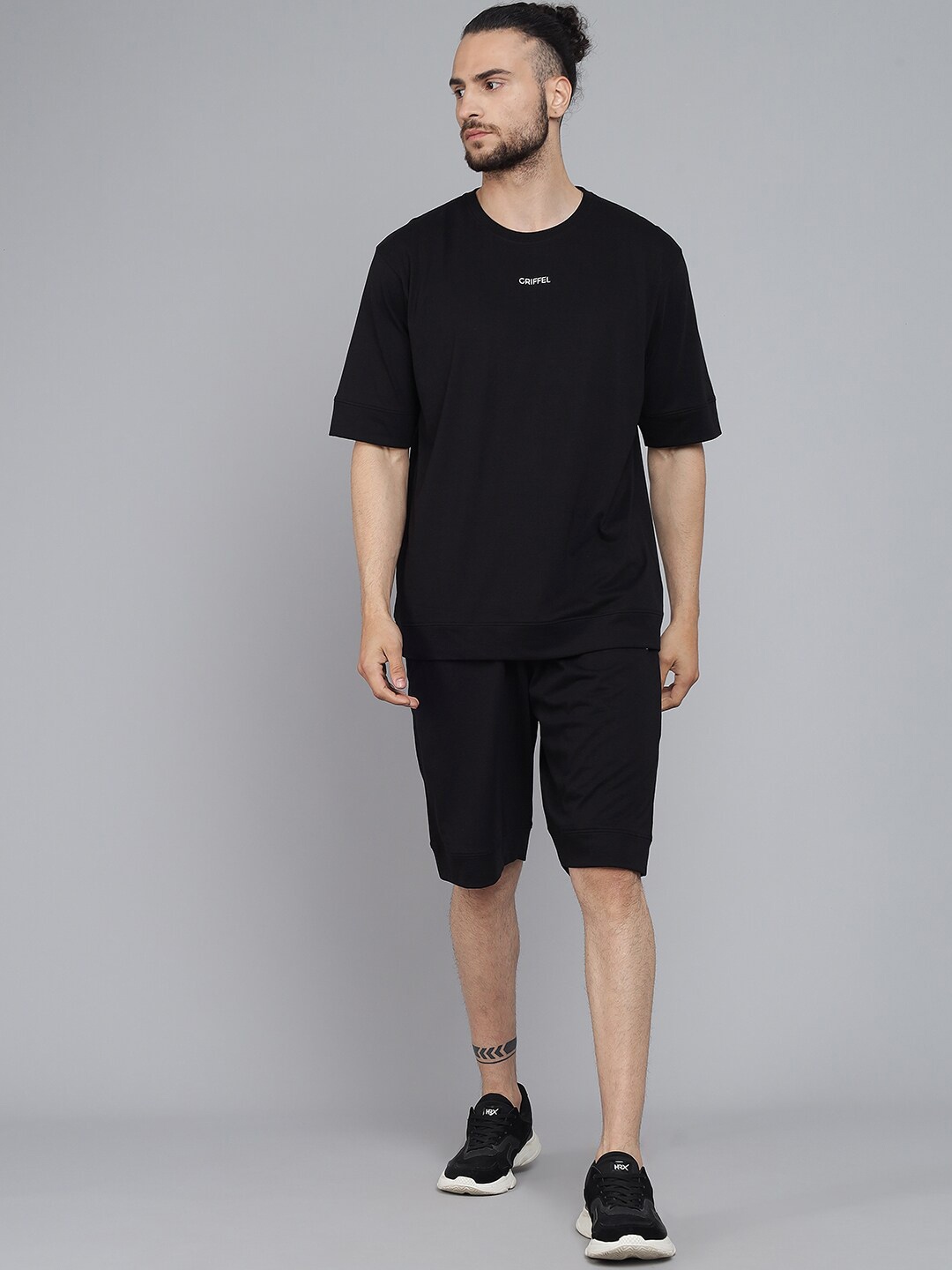 

GRIFFEL Pure Cotton Round Neck T-shirt With Shorts Co-Ords, Black