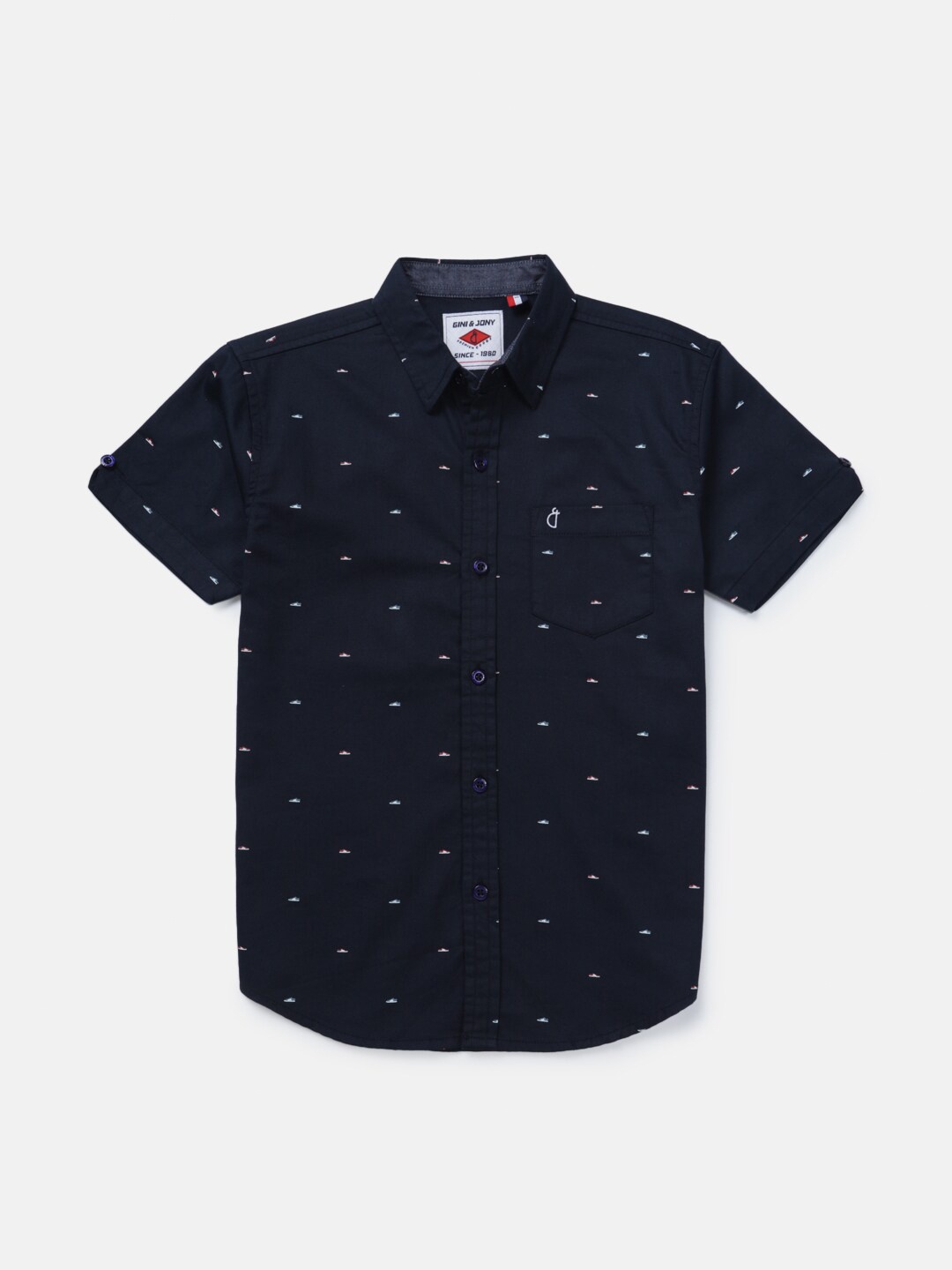 

Gini and Jony Boys Conversational Printed Spread Collar Short Sleeves Cotton Shirt, Navy blue