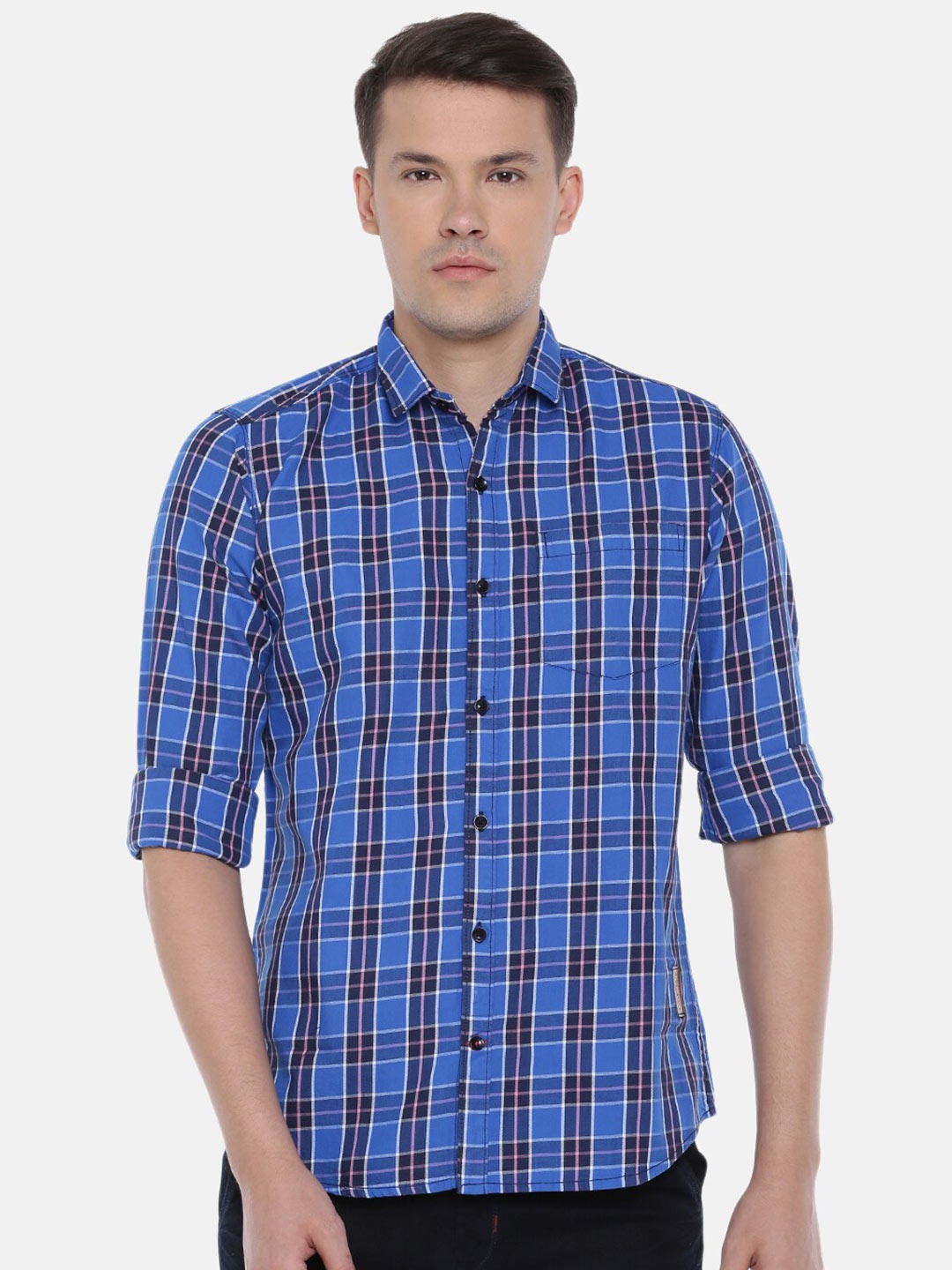

Cross Court Slim Fit Tartan Checked Pure Cotton Casual Shirt, Blue