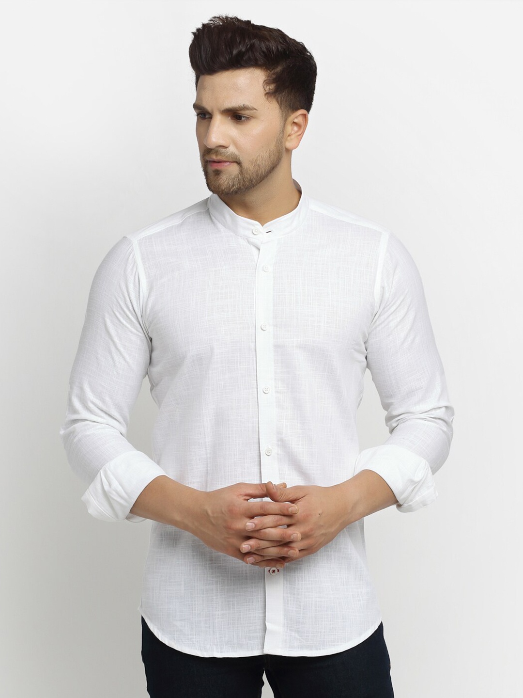 

Cross Court Mandarin Collar Slim Fit Pure Cotton Casual Shirt, White