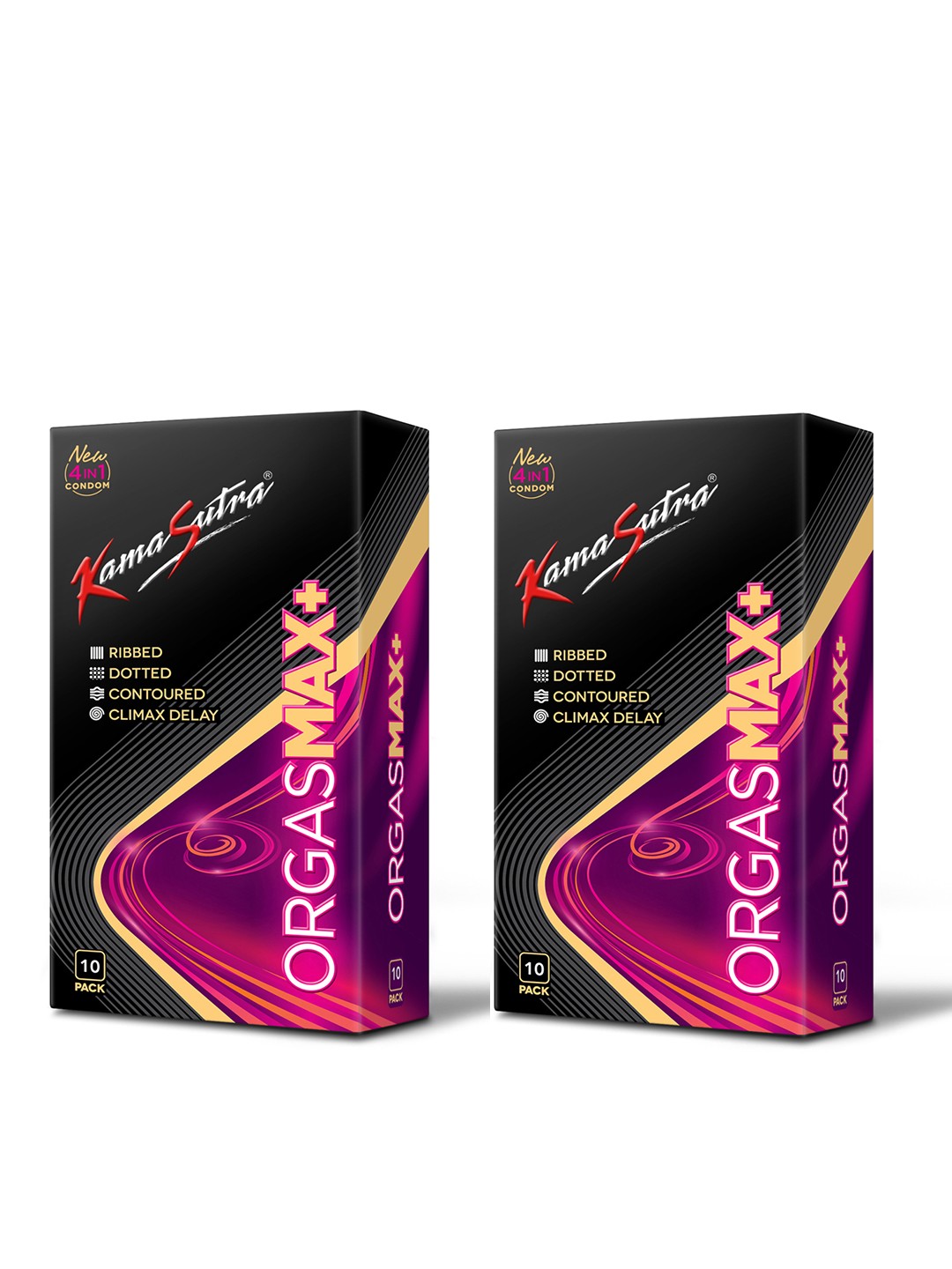 

KamaSutra Set Of 2 Orgasmax+ Ribbed Dotted Contoured & Climax Delay Condoms - 10Pcs Each, Black