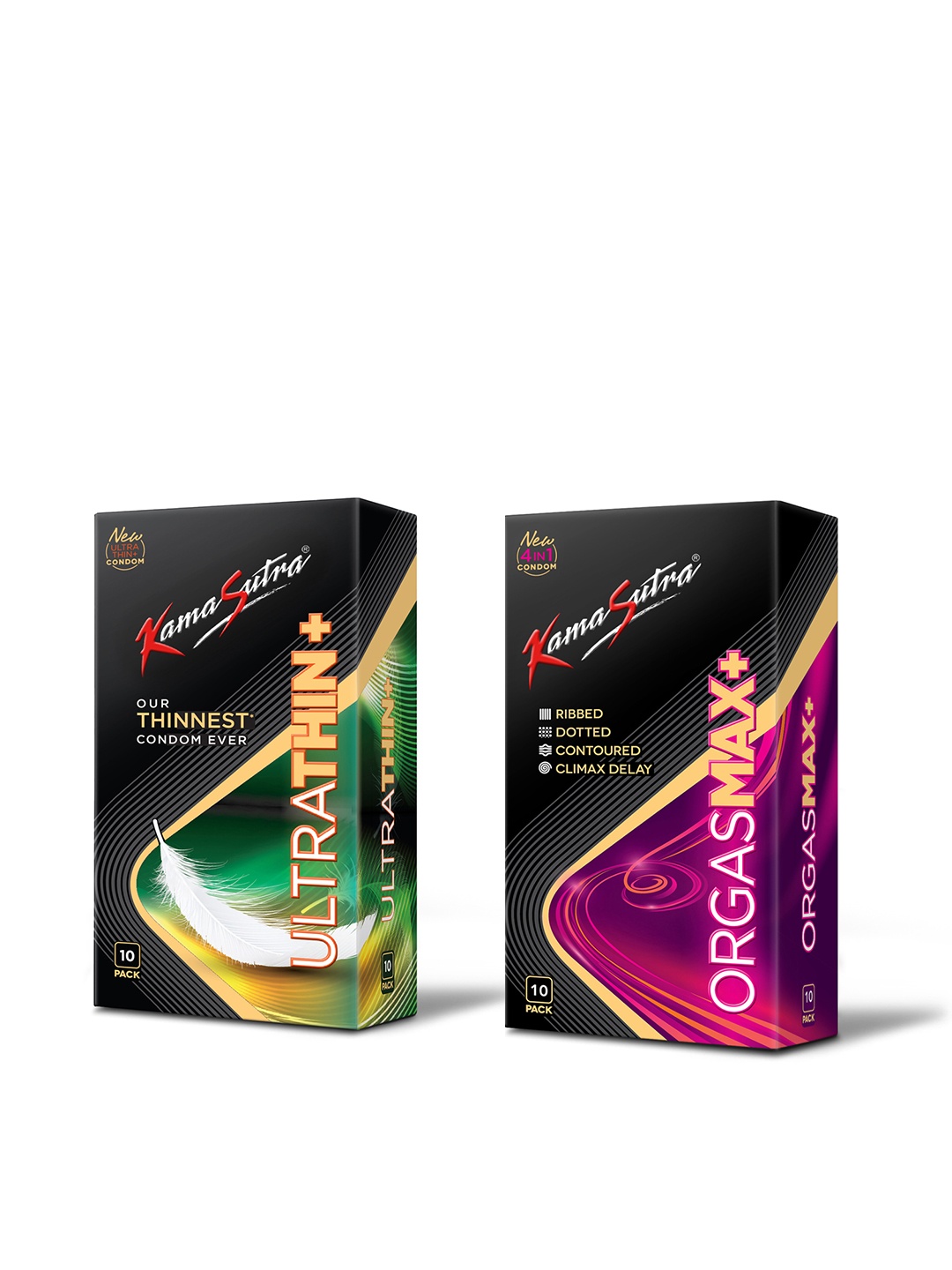 

KamaSutra Set of Orgasmax Dotted Condoms & UltraThin Thinnest Ever Condoms - 10 pcs each, Black