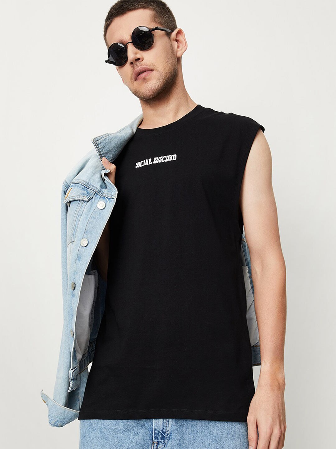 

max Printed Sleeveless Pure Cotton T-shirt, Black