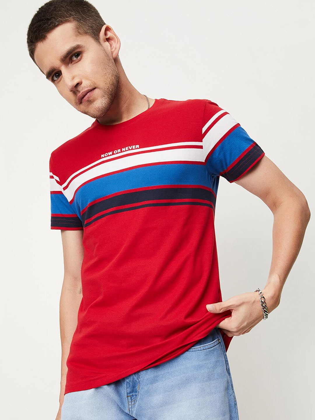 

max Striped Round Neck Short Sleeves T-shirt, Red