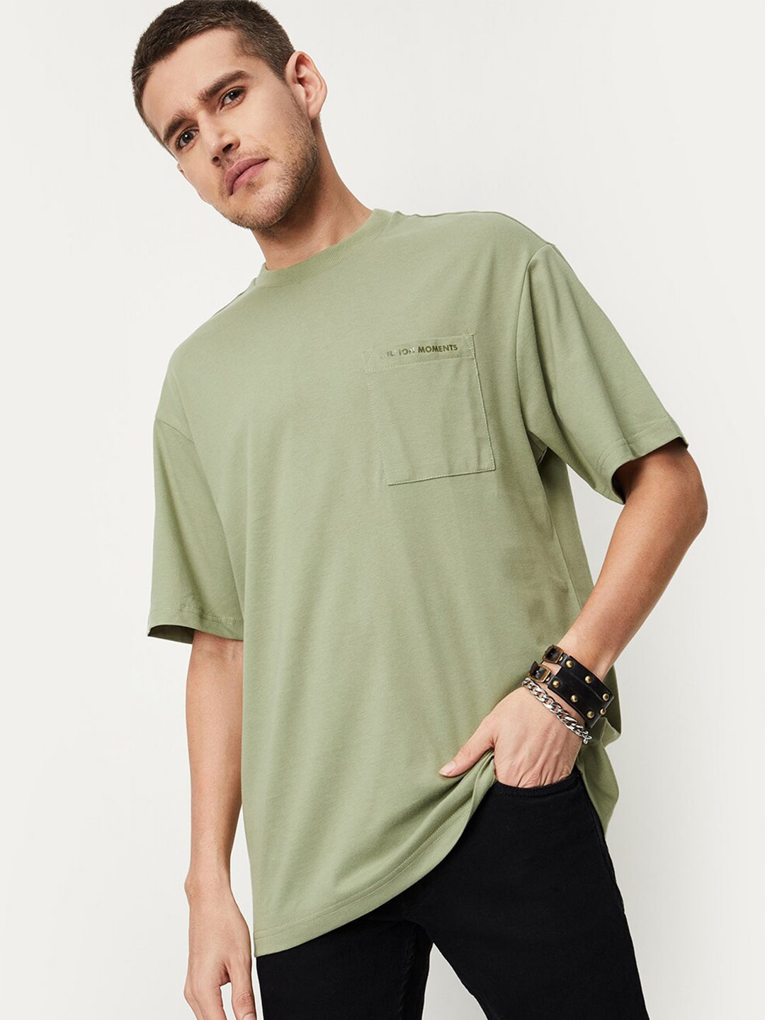 

max Round Neck Drop-Shoulder Sleeves Pure Cotton Oversized T-shirt, Green