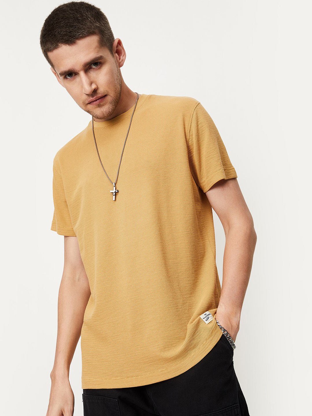 

max Self Design Round Neck Short Sleeves T-shirt, Yellow
