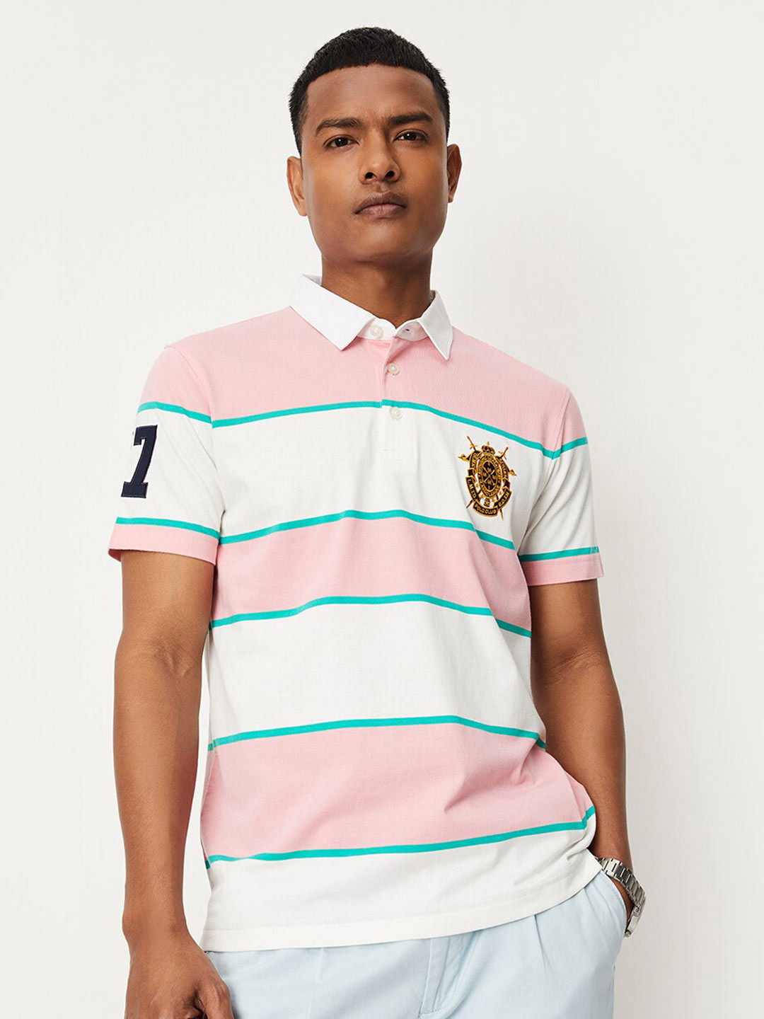 

max Striped Polo Collar Short Sleeves T-shirt, Pink