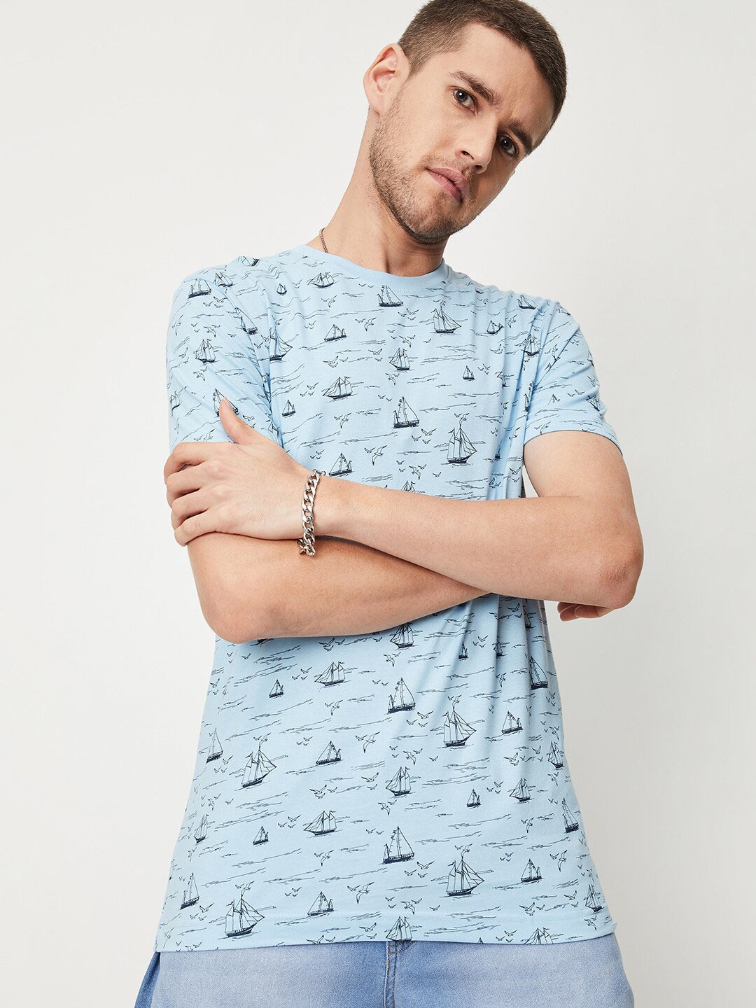 

max Printed Round Neck Pure Cotton T-shirt, Blue