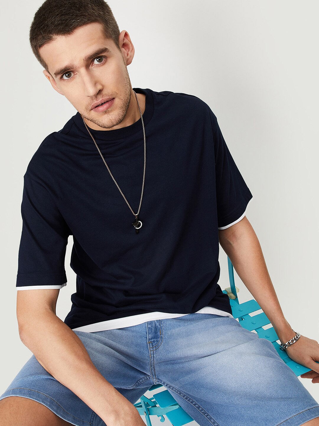 

max Round Neck Drop Shoulder Sleeve Pure Cotton Oversize T-shirt, Navy blue