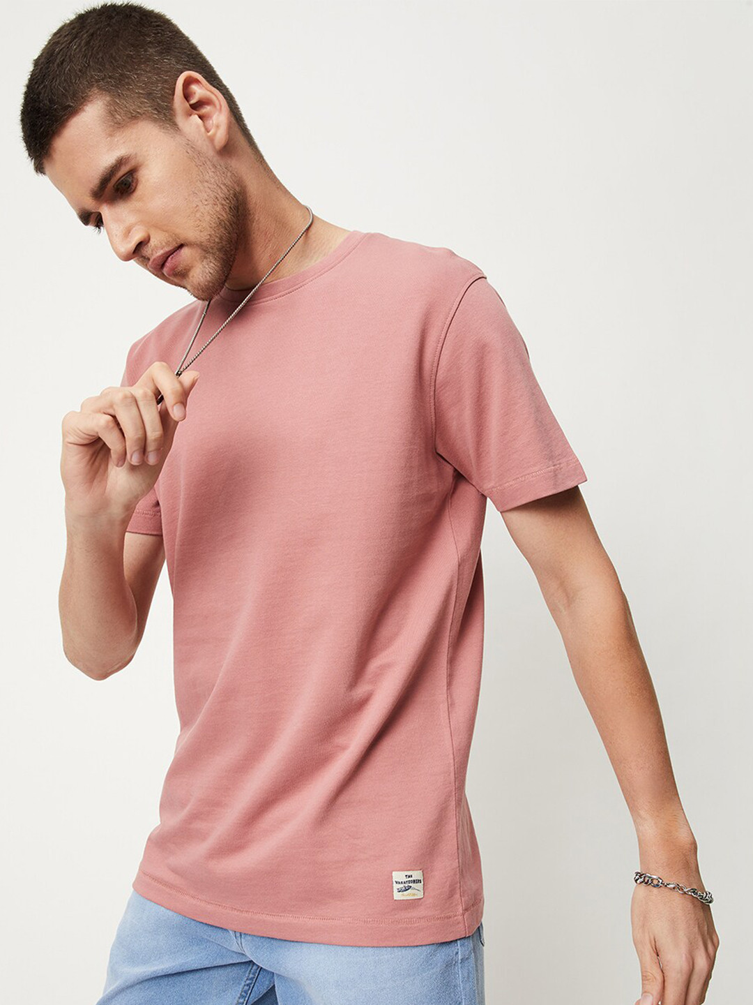 

max Round Neck Short Sleeve Pure Cotton T-shirt, Pink