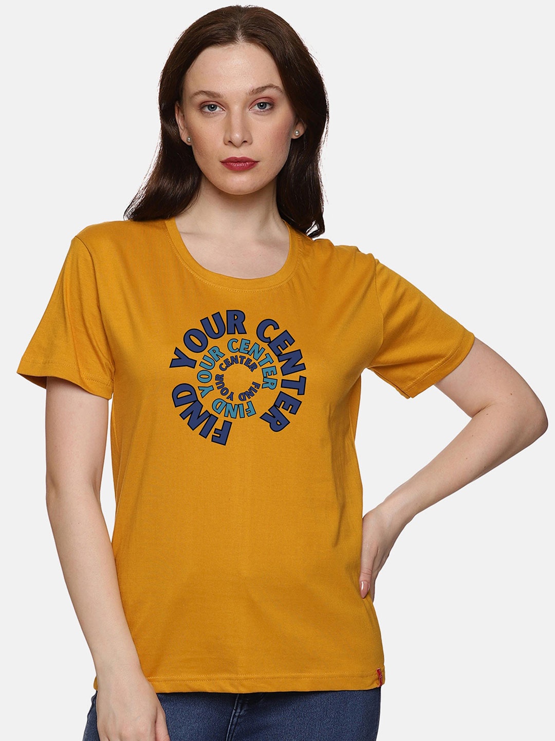 

NOT YET by us Round Neck Typography Printed Cotton T-shirt, Mustard