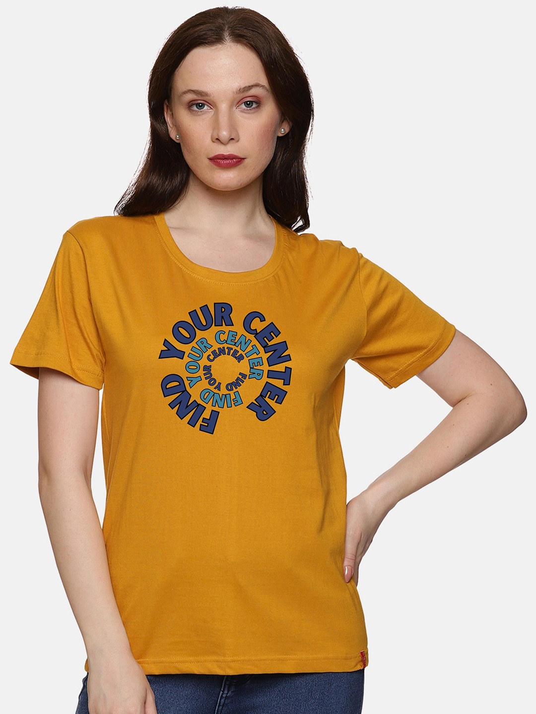 

NOT YET by us Round Neck Typography Printed Cotton T-shirt, Mustard
