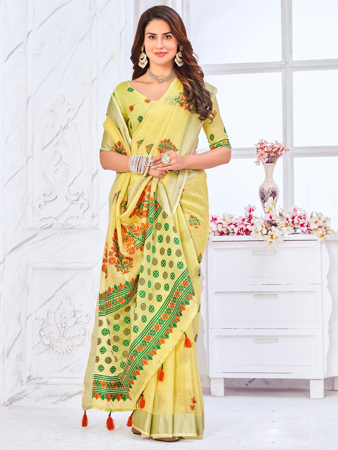 

KARAGIRI Ethnic Motifs Woven Design Saree, Yellow