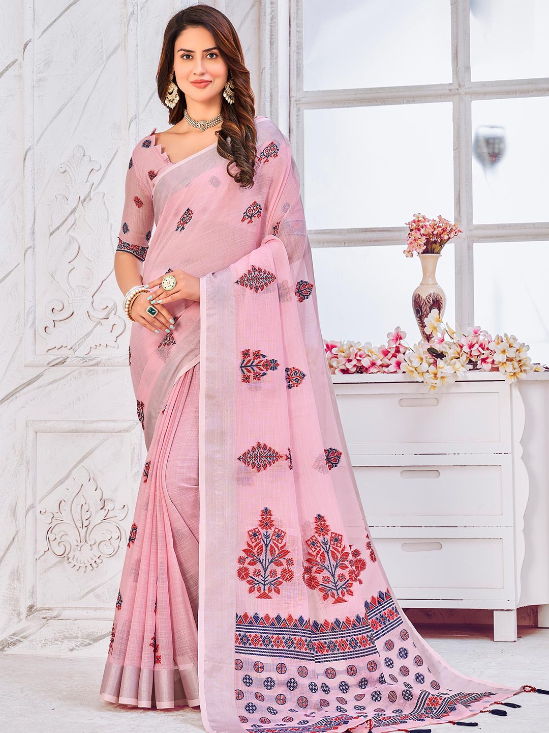 

KARAGIRI Ethnic Motifs Woven Design Saree, Pink