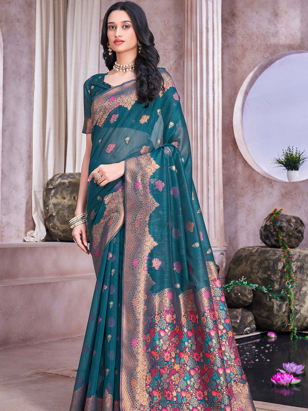 

KARAGIRI Ethnic Motifs Woven Design Zari Saree, Blue