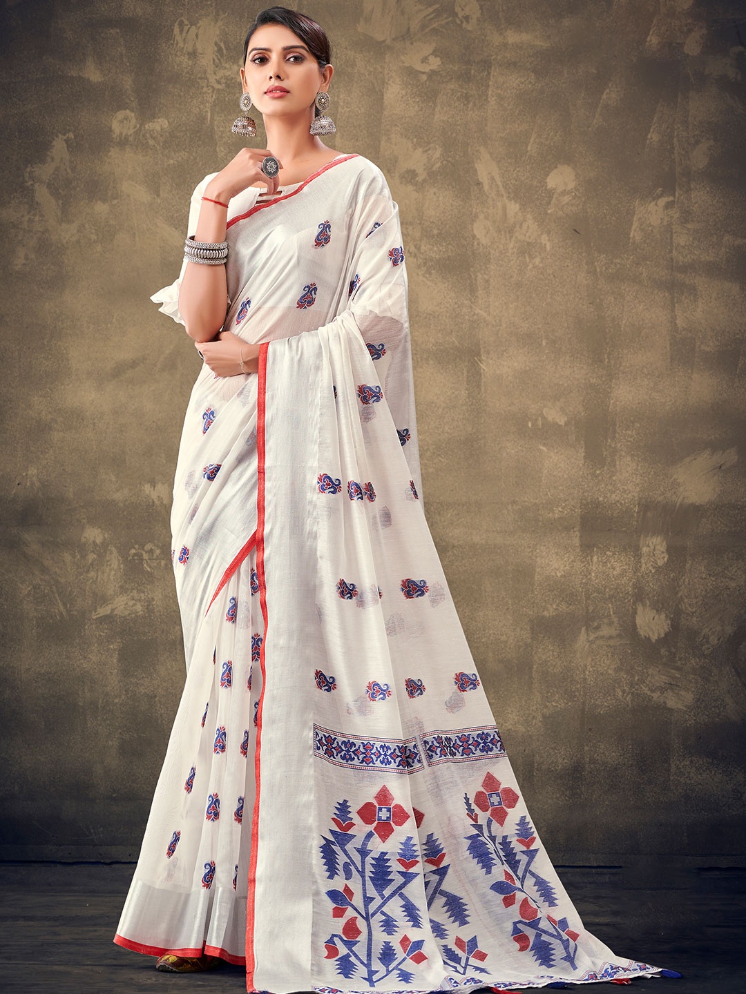 

KARAGIRI Ethnic Motifs Woven Design Zari Linen Blend Saree, White