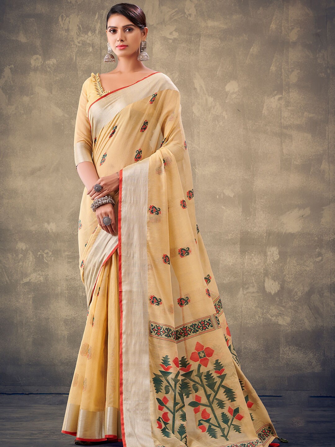 

KARAGIRI Ethnic Motifs Woven Design Zari Linen Blend Saree, Yellow