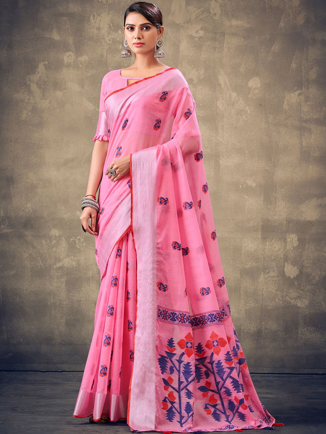 

KARAGIRI Ethnic Motifs Woven Design Zari Linen Blend Saree, Pink