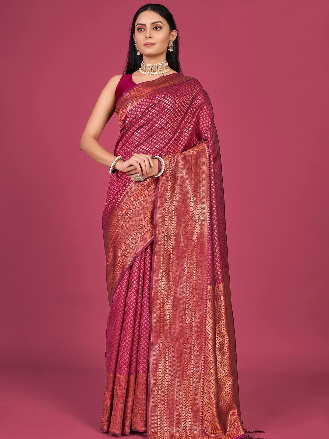 

KARAGIRI Woven Design Zari Silk Blend Kanjeevaram Saree, Pink