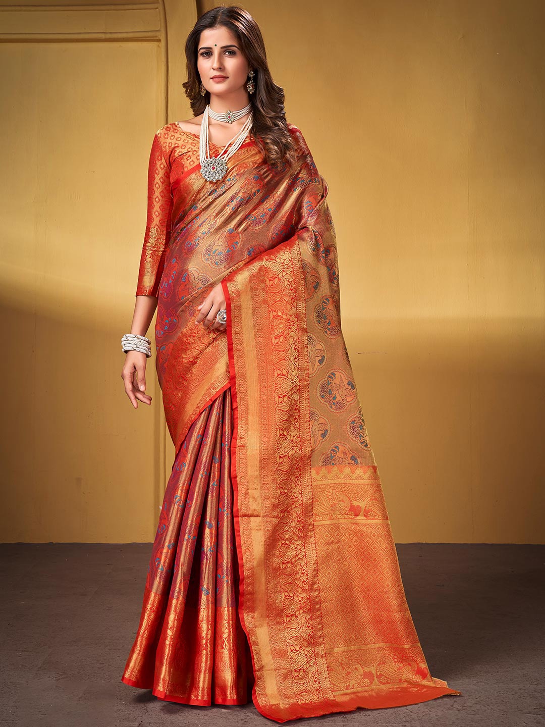 

KARAGIRI Ethnic Motifs Woven Design Zardozi Silk Blend Dharmavaram Saree, Red