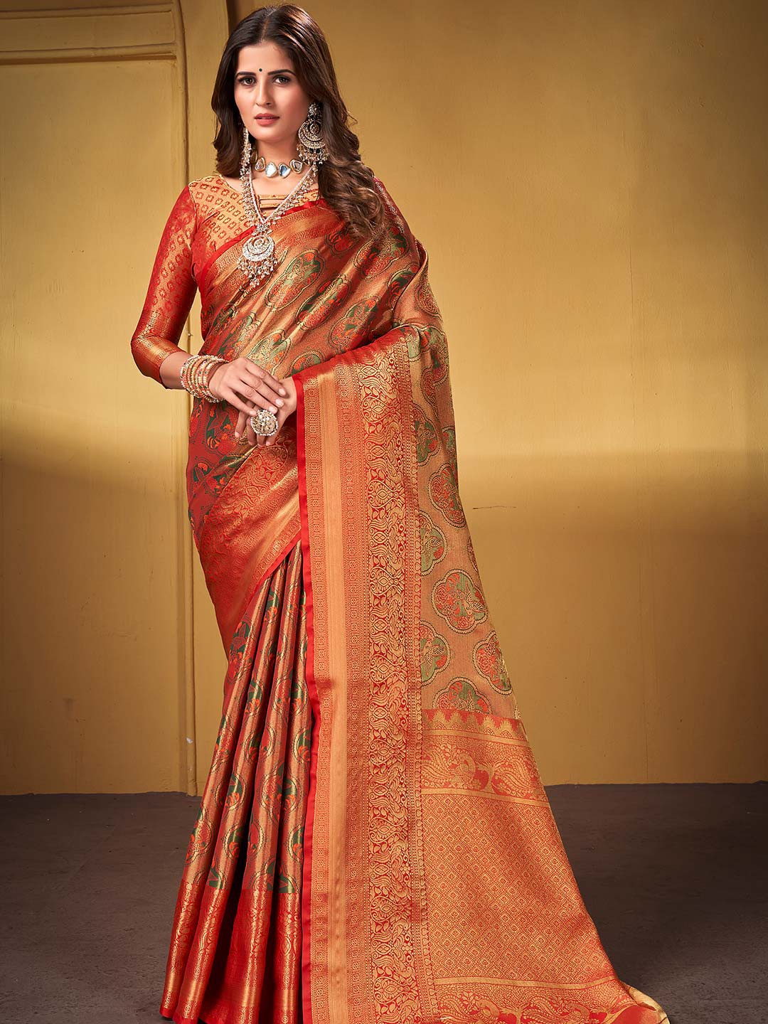 

KARAGIRI Ethnic Motifs Woven Design Zari Silk Blend Dharmavaram Saree, Orange