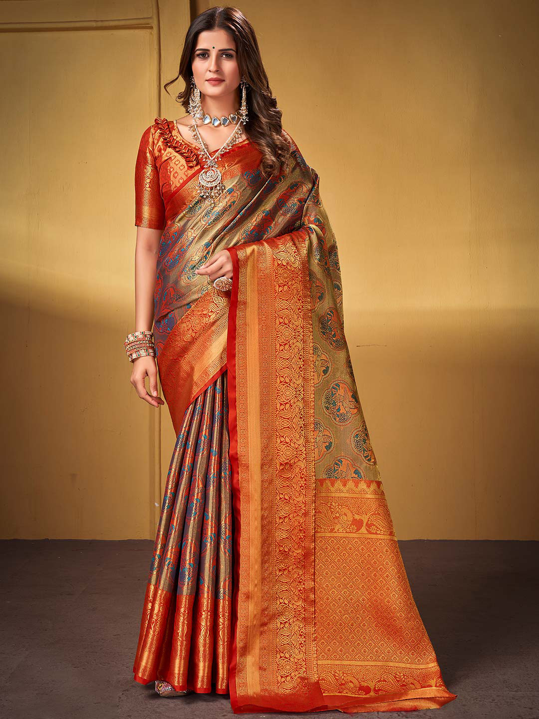 

KARAGIRI Woven Design Zari Silk Blend Dharmavaram Saree, Brown