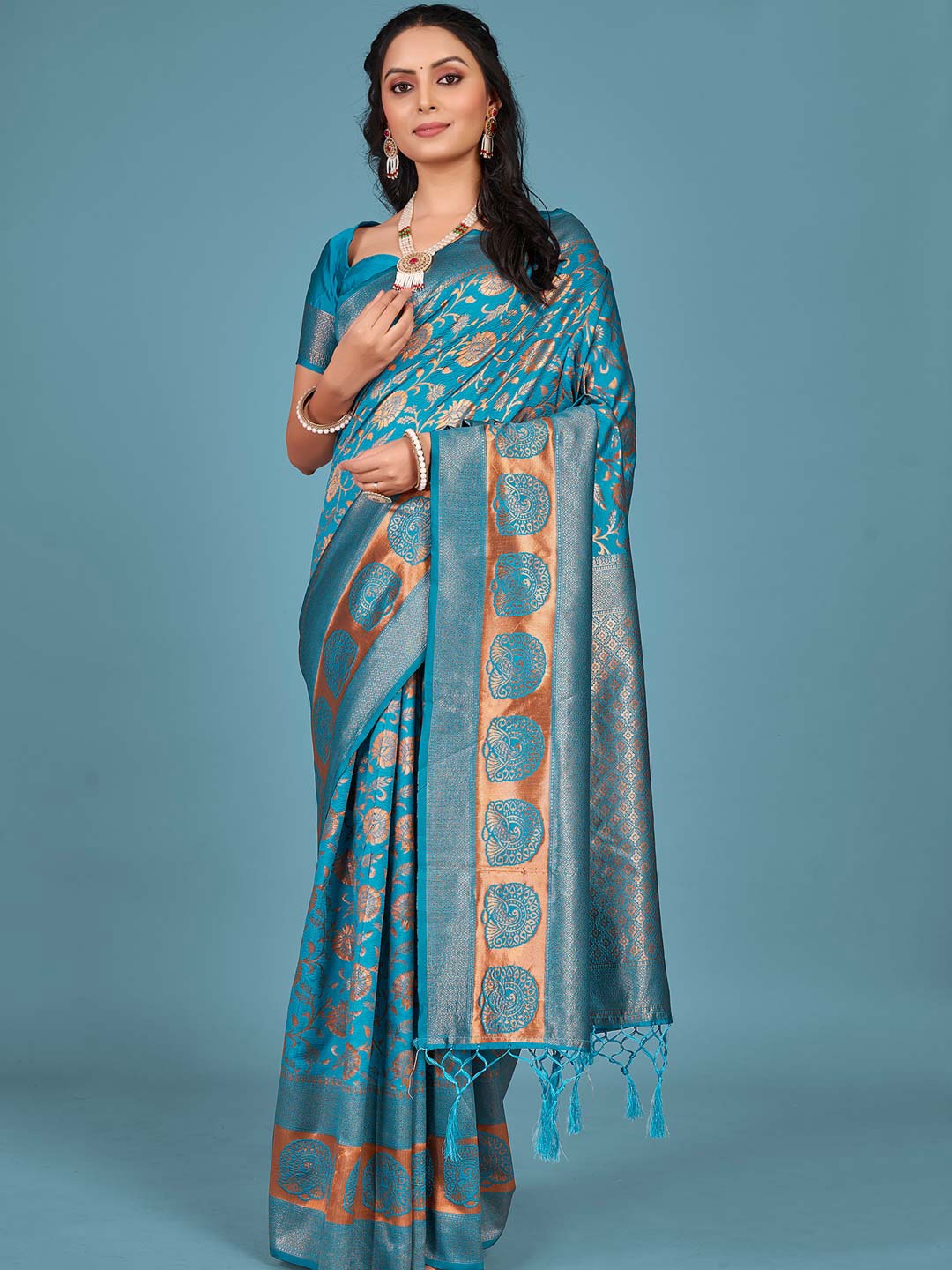 

KARAGIRI Woven Design Zari Silk Blend Banarasi Saree, Blue