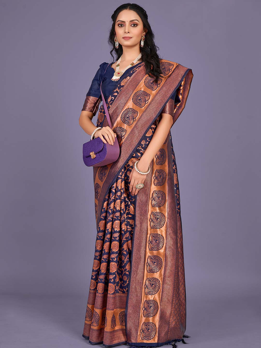 

KARAGIRI Woven Design Zari Silk Blend Banarasi Saree, Blue