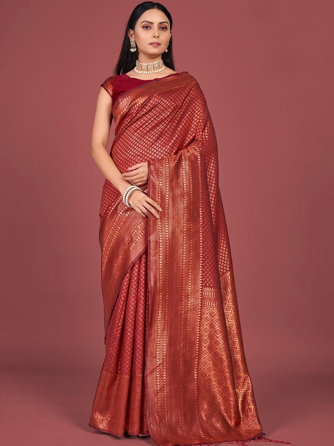 

KARAGIRI Woven Design Zari Silk Blend Kanjeevaram Saree, Red