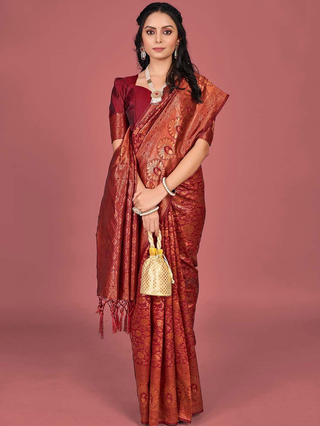 

KARAGIRI Woven Design Zari Silk Blend Banarasi Saree, Orange