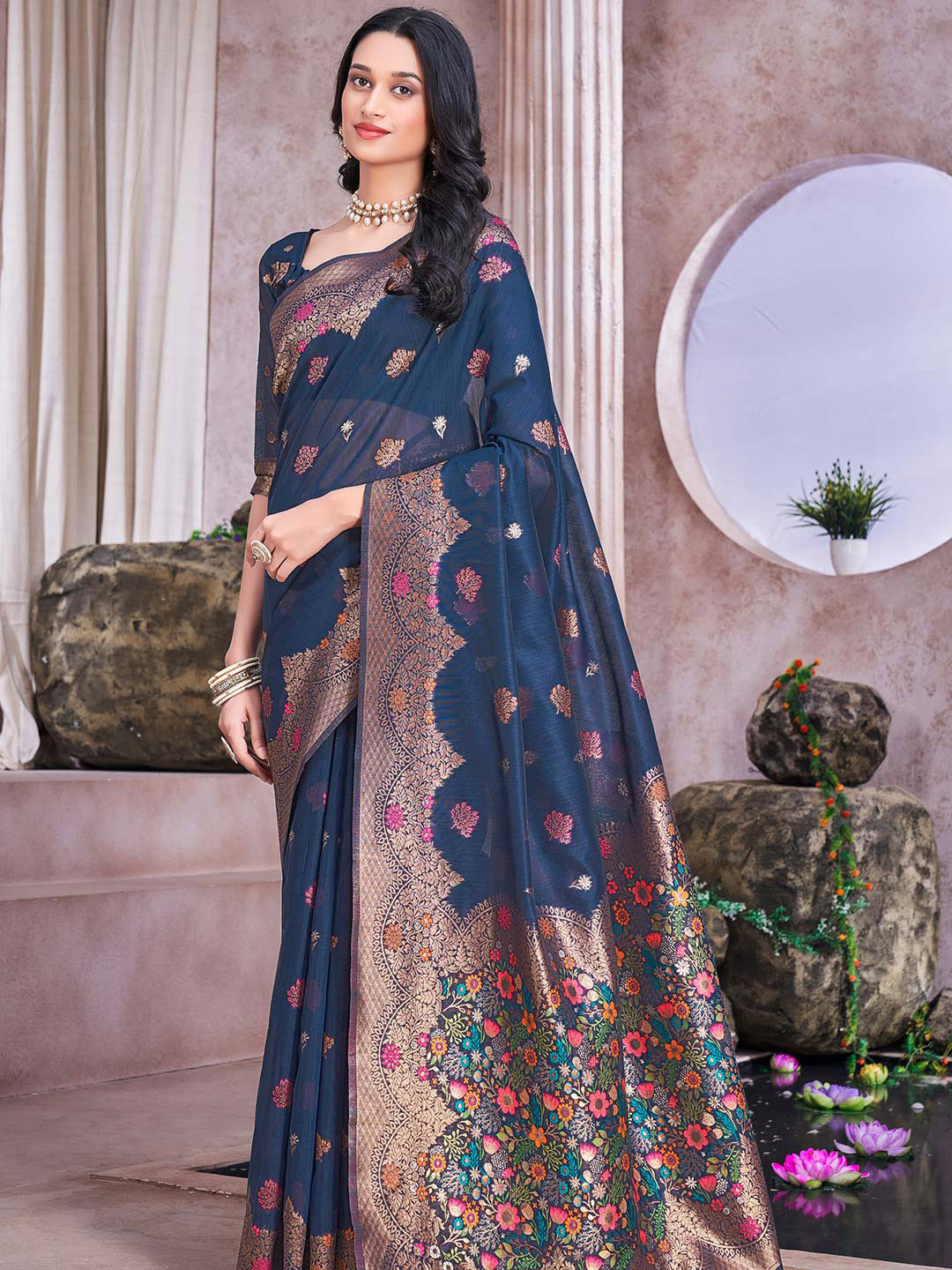 

KARAGIRI Woven Design Zari Linen Blend Saree, Blue
