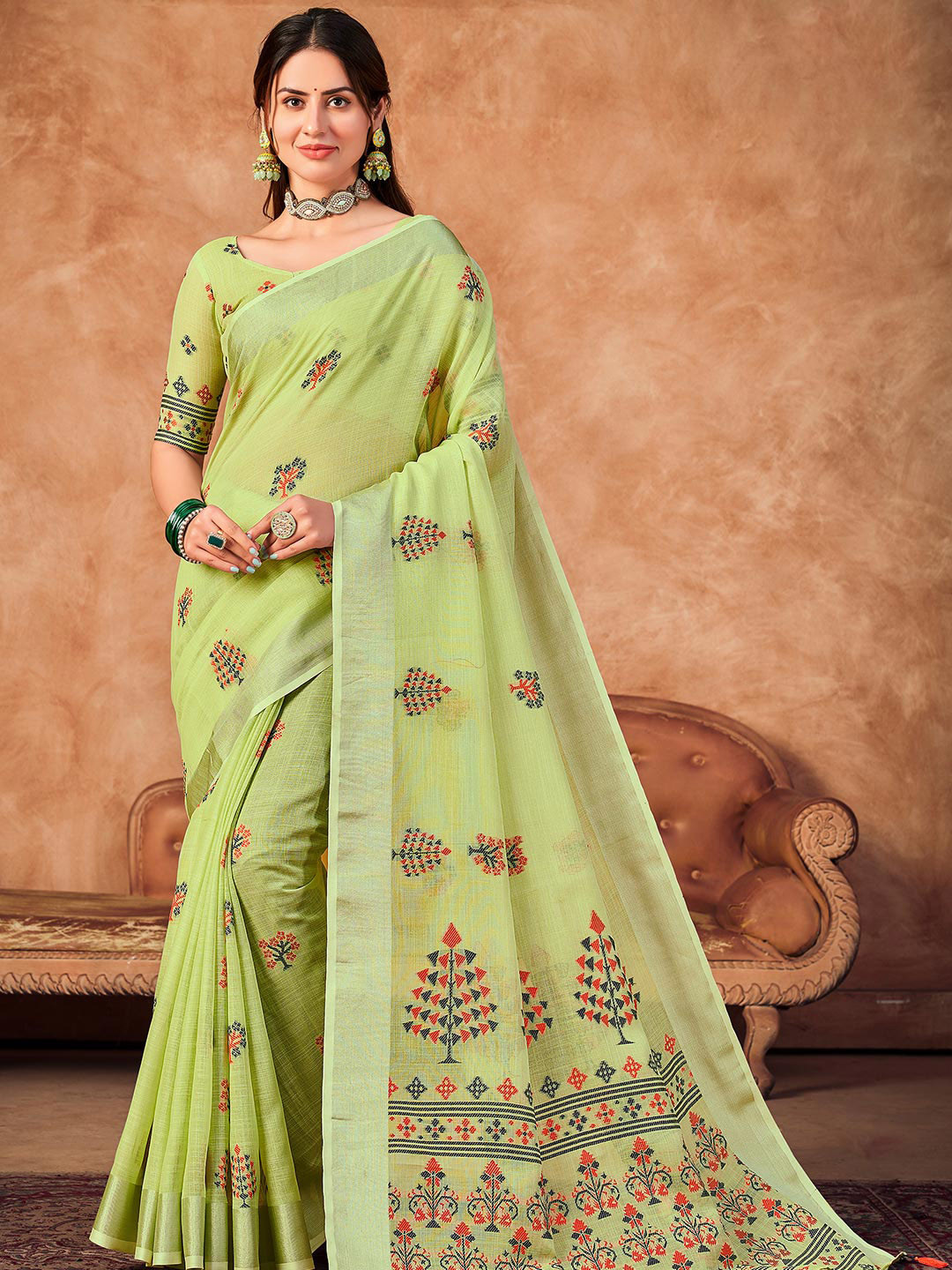 

KARAGIRI Woven Design Linen Blend Saree, Green