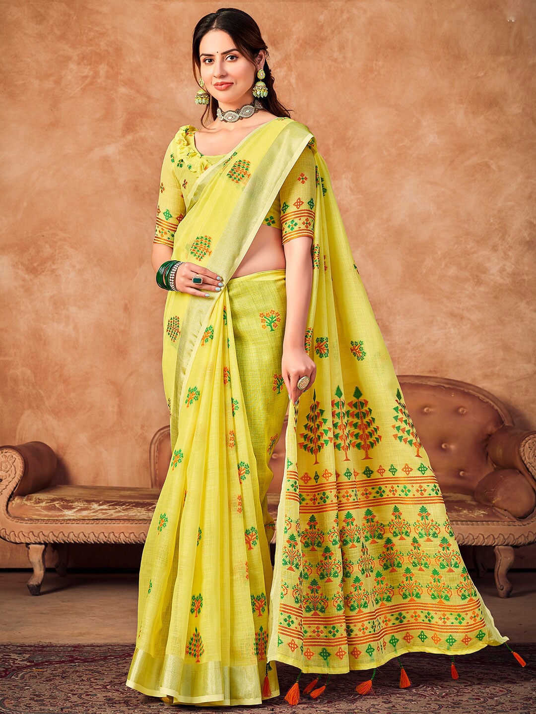 KARAGIRI Woven Design Zari Linen Blend Saree, Yellow
